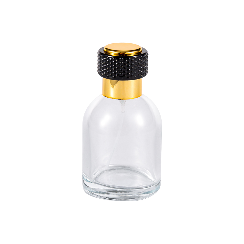 GC3986-WJ816 50 ml przezroczysta szklana butelka na perfumy ze złotą plastikową nakrętką UV i czarną częścią