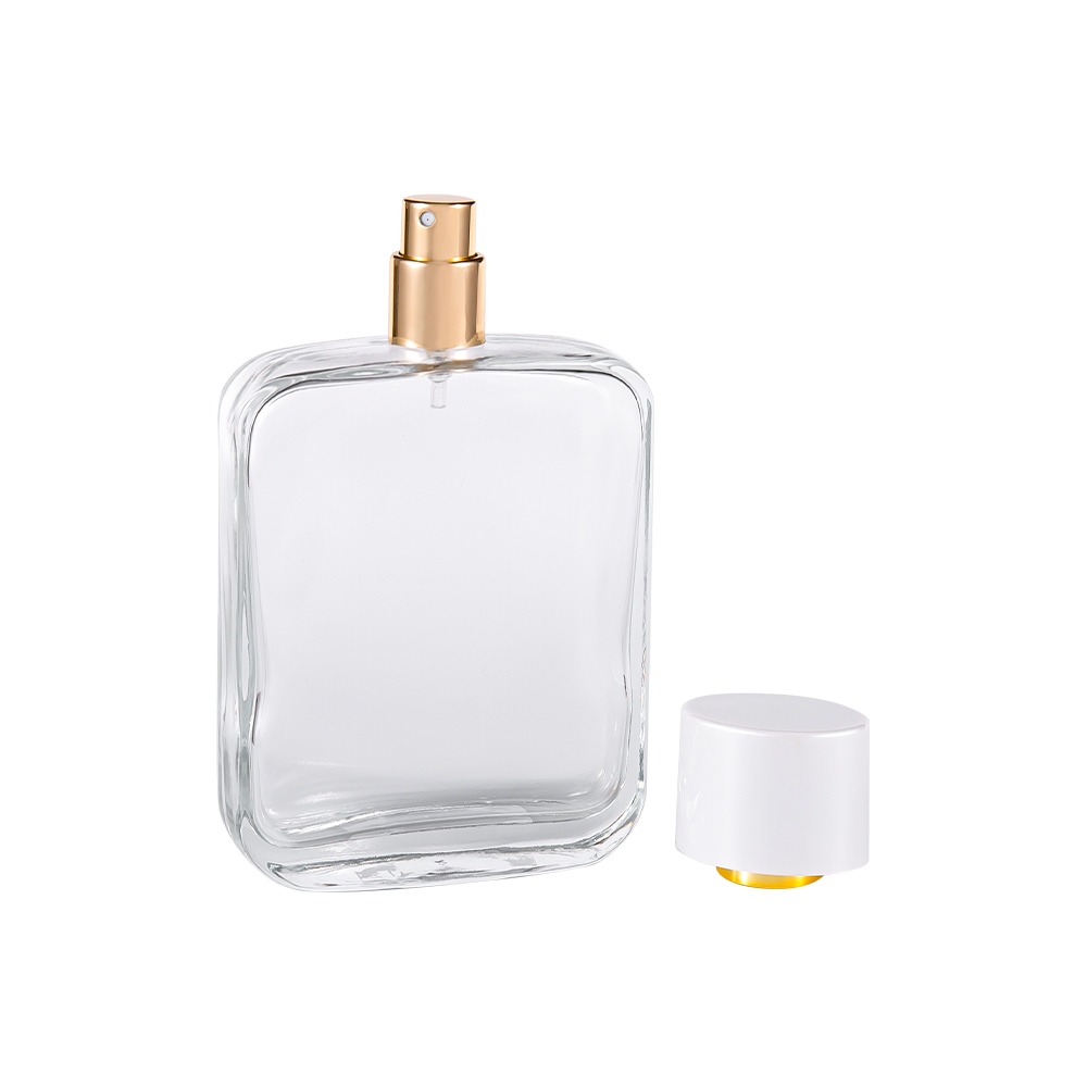 GC4840-WJ2162 Butelka na perfumy z przezroczystego szkła o pojemności 100 ml z jasnobiałą plastikową nakrętką z PP i wyściółką pozłacaną UV
