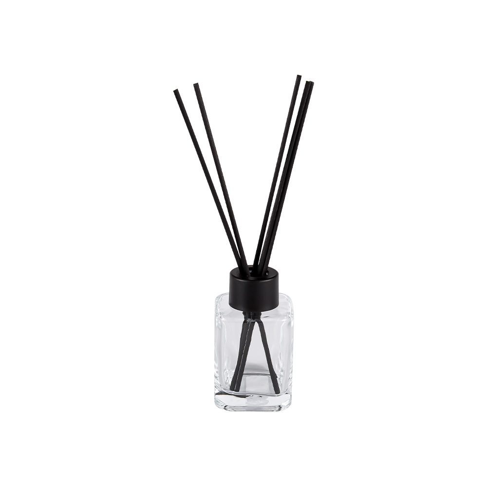 HJ-RX2248 Kwadratowa butelka z dyfuzorem z plastikową nakrętką z zakrętką i naklejką z matowego czarnego włókna