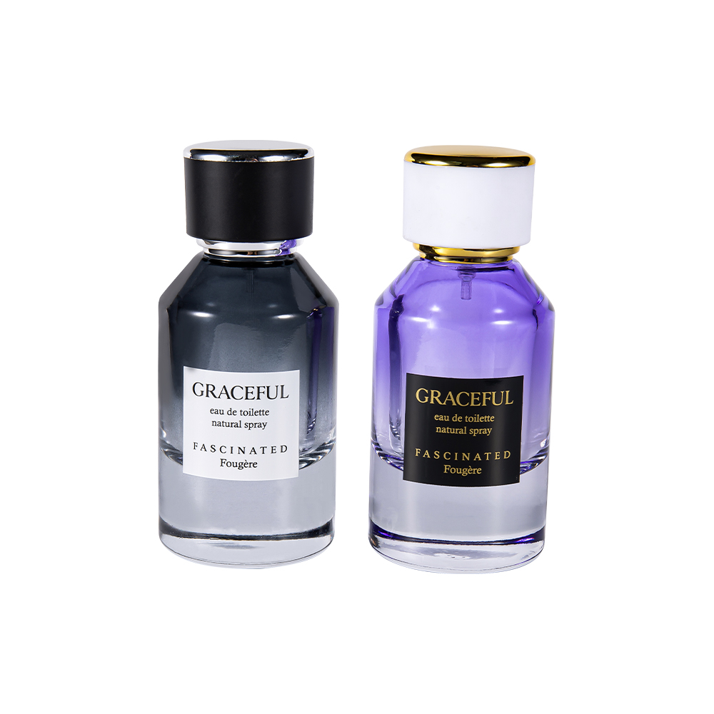 GC4416-WJ2098 50 ml powlekana szklana butelka na perfumy z nadrukiem, ze skórą, plastikową nakrętką ABS, wyściółką z PP odporną na promieniowanie UV