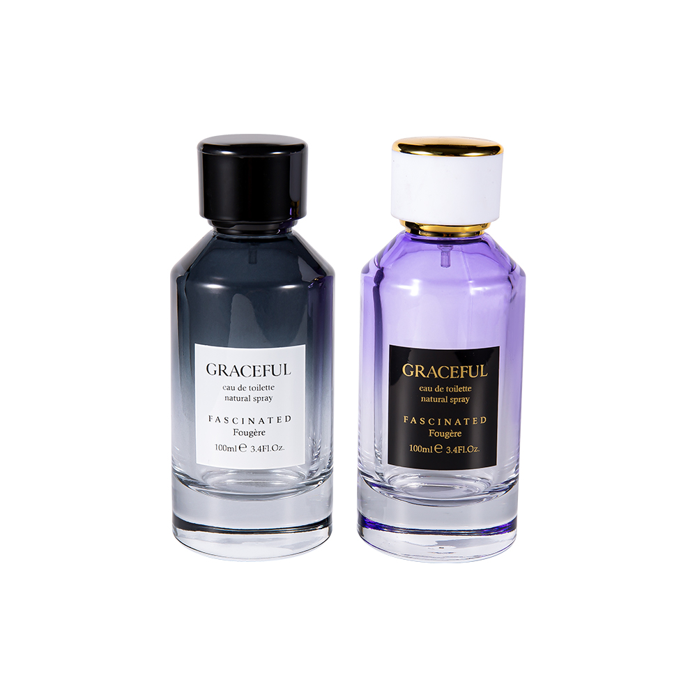 GC4418-WJ2098 100 ml szklana butelka na perfumy powlekana kolorem, z nadrukiem, ze skórzaną plastikową nakrętką ABS i wkładką UV PP