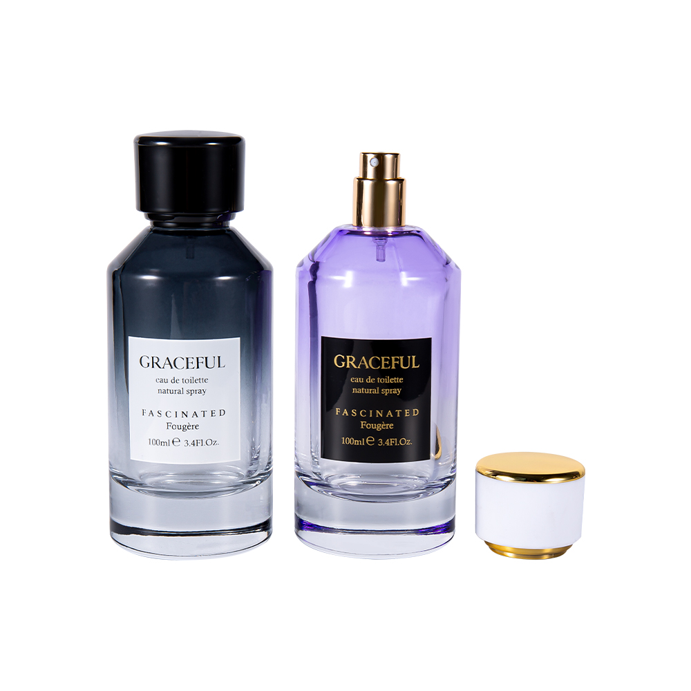 GC4418-WJ2098 100 ml szklana butelka na perfumy powlekana kolorem, z nadrukiem, ze skórzaną plastikową nakrętką ABS i wkładką UV PP