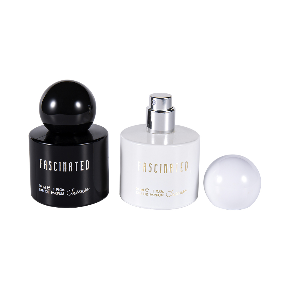 GC4748-WJ2537 30 ml cylindryczna szklana butelka perfum pokryta złotą folią z kulistą plastikową nakrętką ABS PP