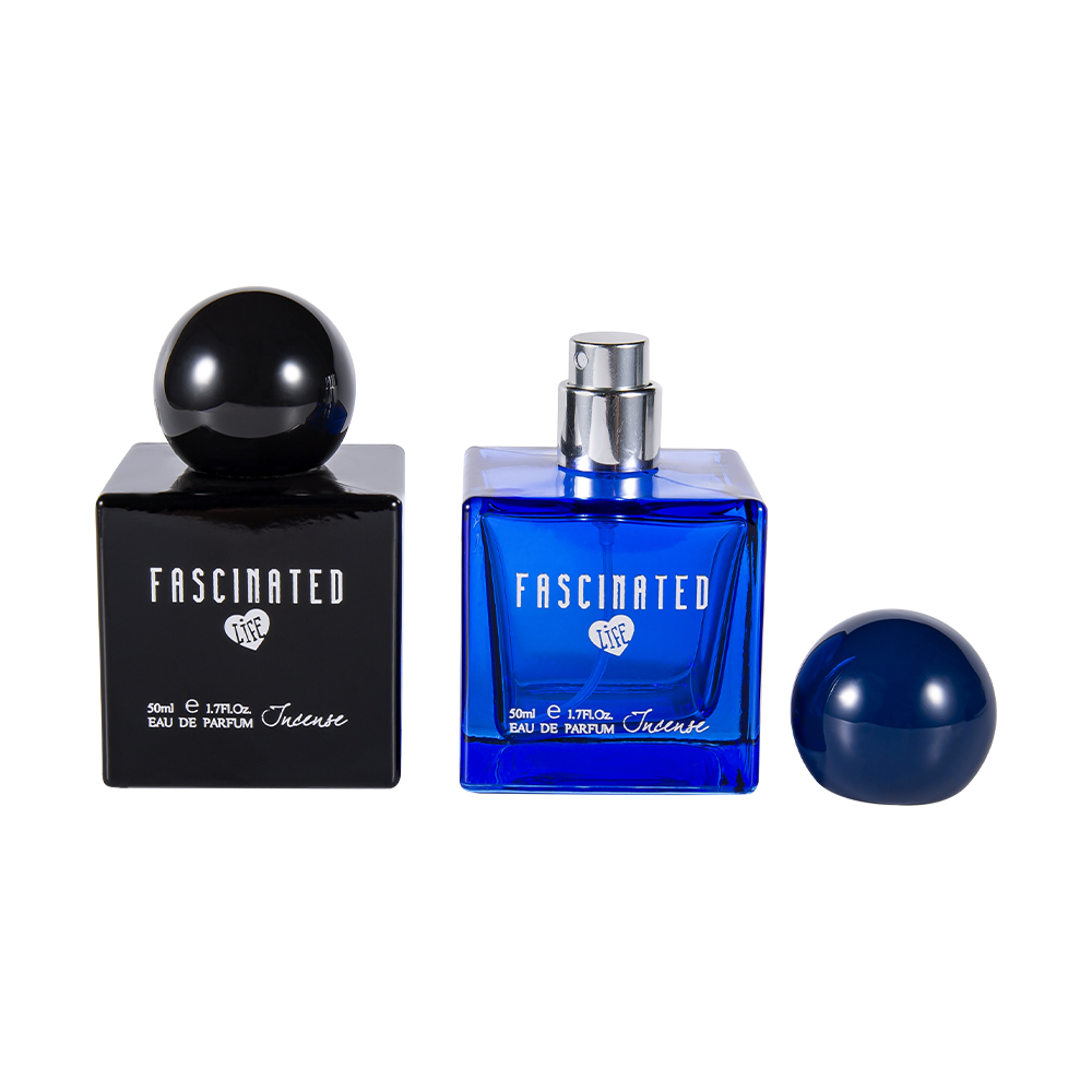 KY145-WJ2537 50 ml szklana butelka perfum w kształcie kostki z kolorowym nadrukiem i kulistą plastikową nakrętką UV