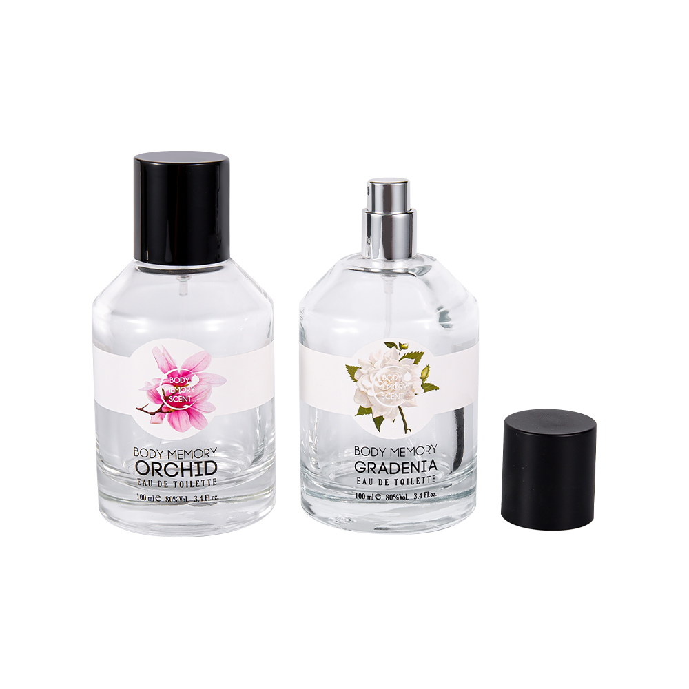 KY1603-WJ2388 100ML naklejka z nadrukiem szklana butelka perfum z cylindryczną błyszczącą matową czarną nakrętką z PP