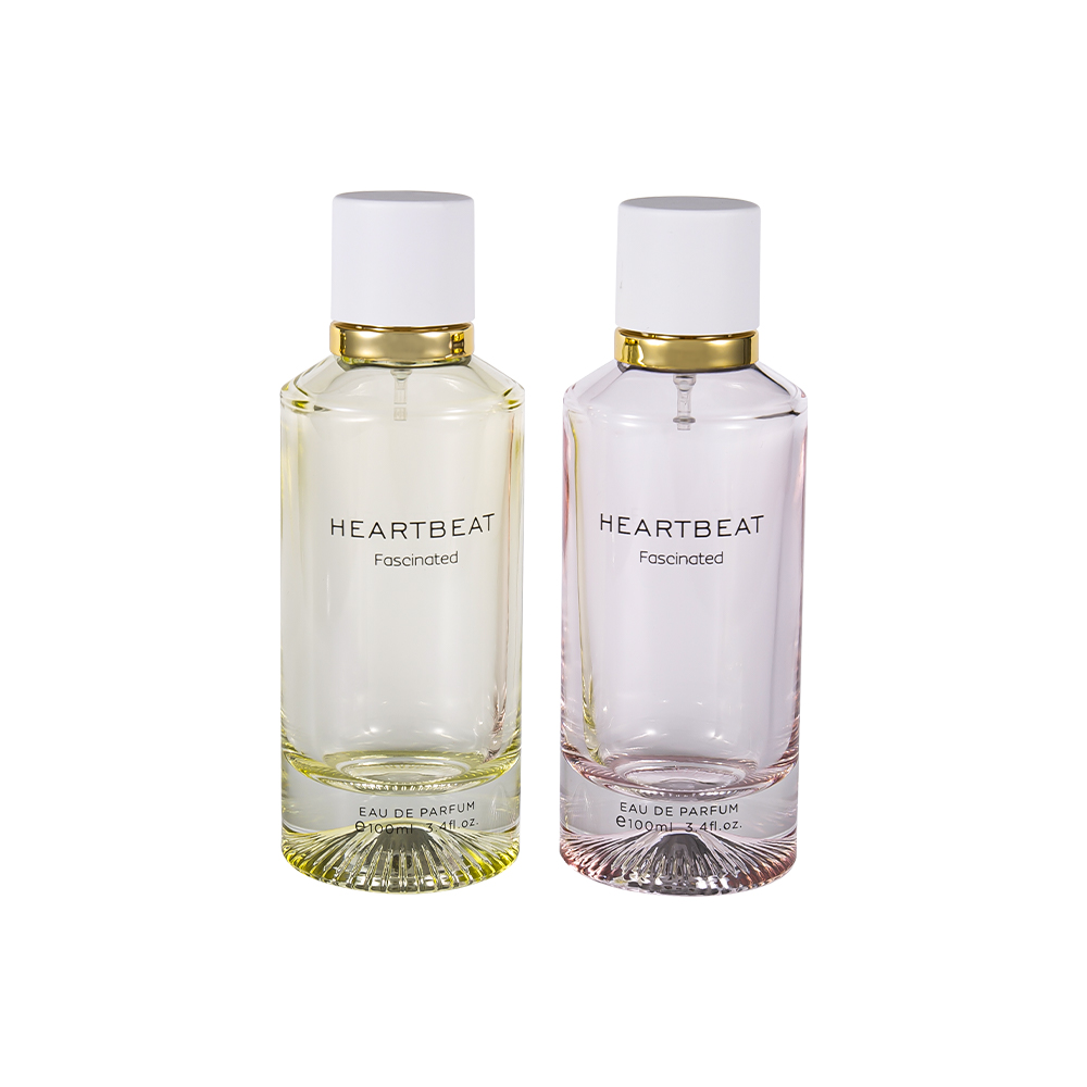 GC4406-WJ2326 Butelka na perfumy o pojemności 100 ml ze wzorzystym dnem, z białą zakrętką na perfumy i dużym aluminiowym pierścieniem